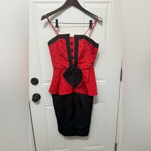 VTG Joseph Ribkoff Red and Black Polka Dot Dress Corset Top Peplum A Line Skirt